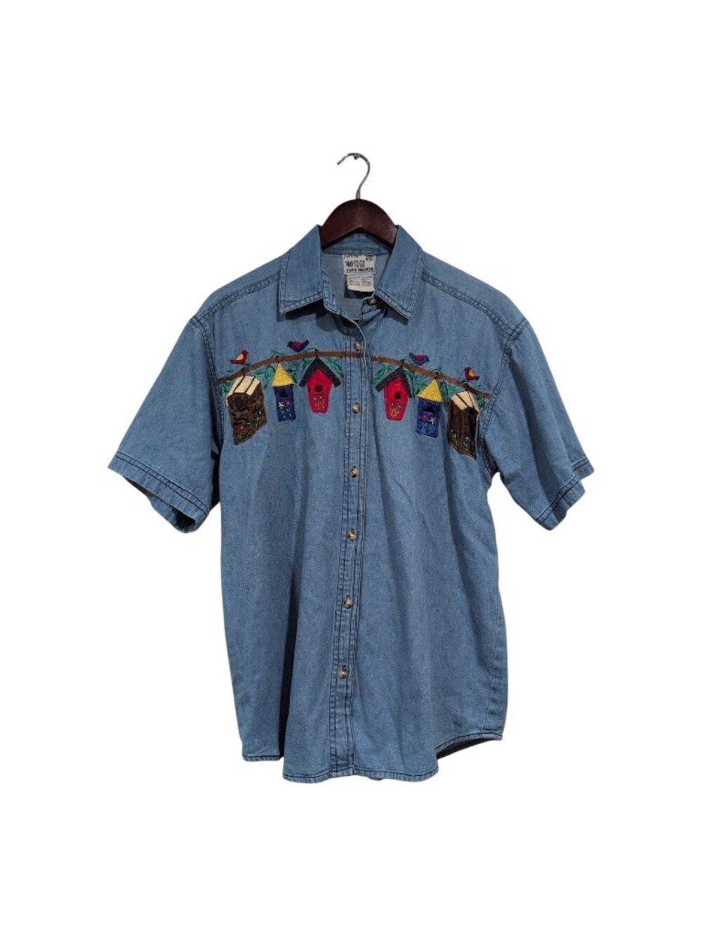 Vintage Shirt Women's Embroidered Birdhouse Short-Sleeved Denim Button Down Sz M